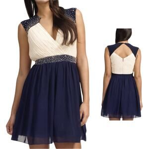 Little Mistress NWT Embellished Crossover Mini Halter Dress 8 Cream Navy NYE